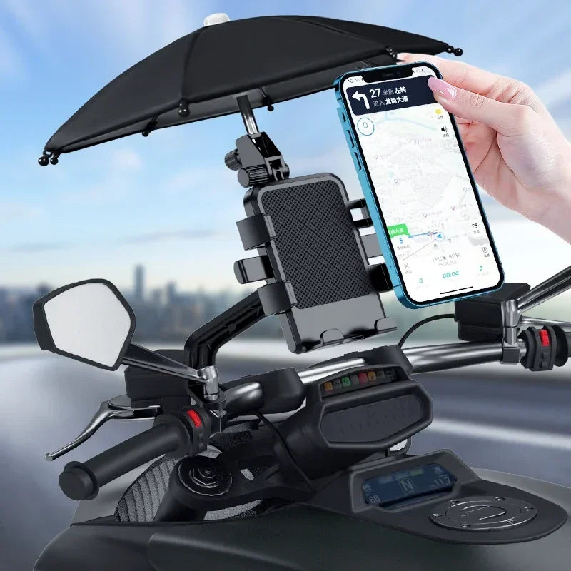 Motorcycle Phone Holder with Umbrella – Sun & Rain Handlebar Mount