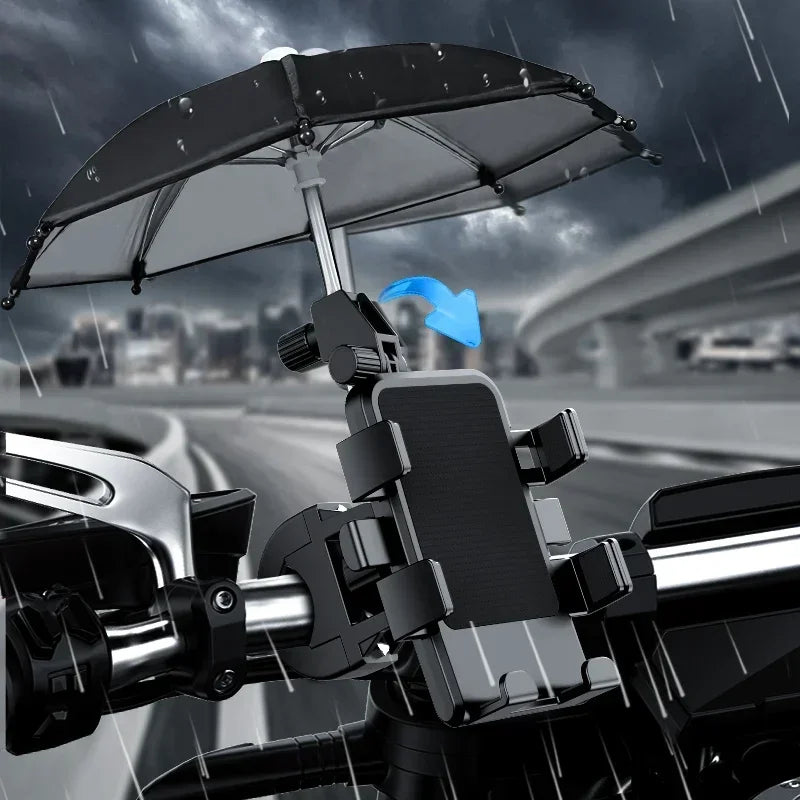 Motorcycle Phone Holder with Umbrella – Sun & Rain Handlebar Mount