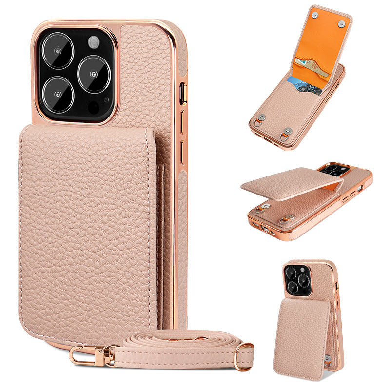 Electroplated Wallet iPhone Case with Chain Strap – Card Holder Cover for iPhone 11–14 Series