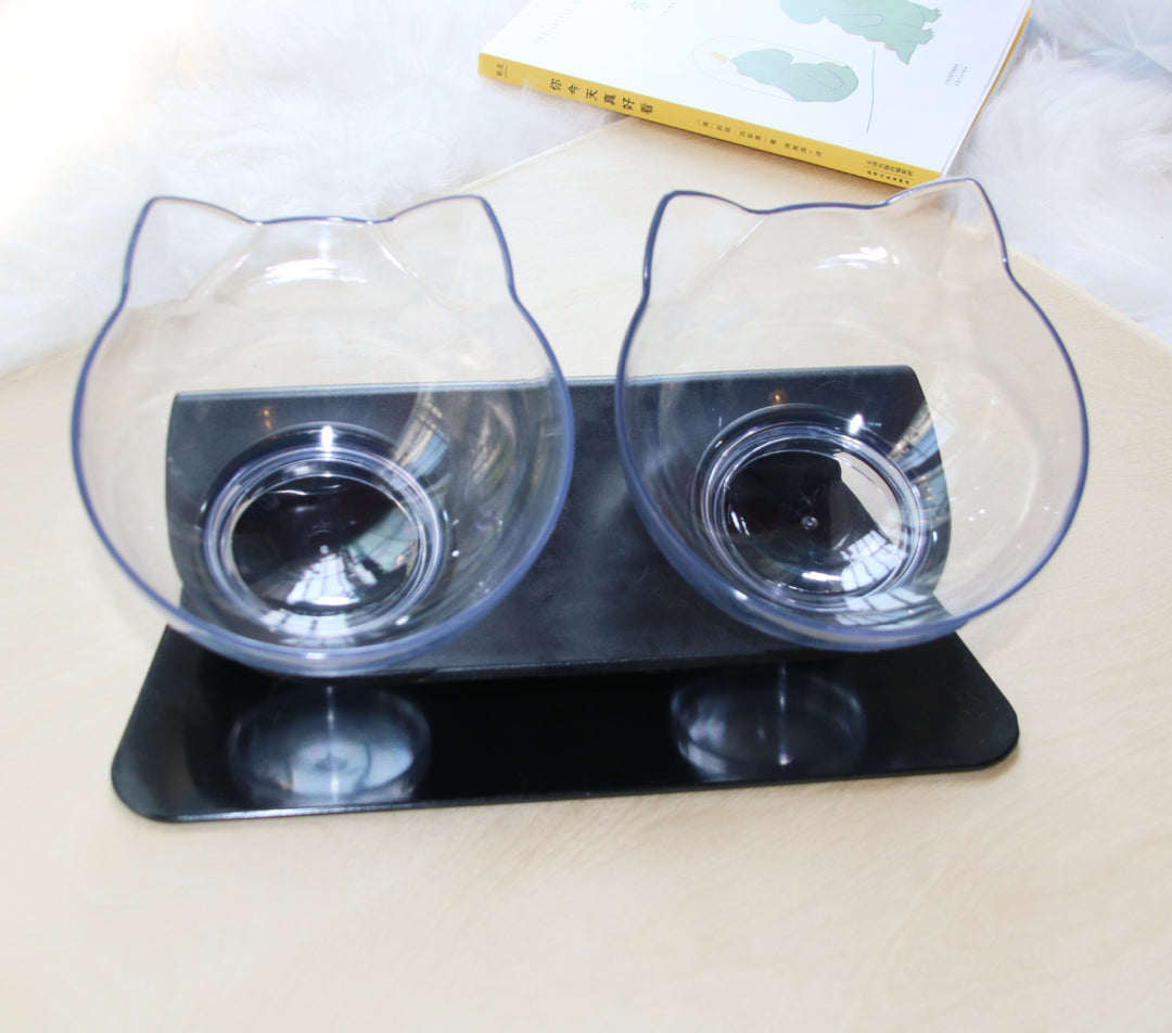 Cat Head Transparent Double Bowl – 15° Tilted Ergonomic Feeder for Cats & Small Dogs
