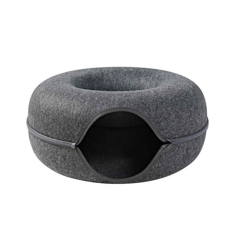 2-in-1 Felt Cat Tunnel Bed – Convertible Nest for Play & Rest – grooming kit