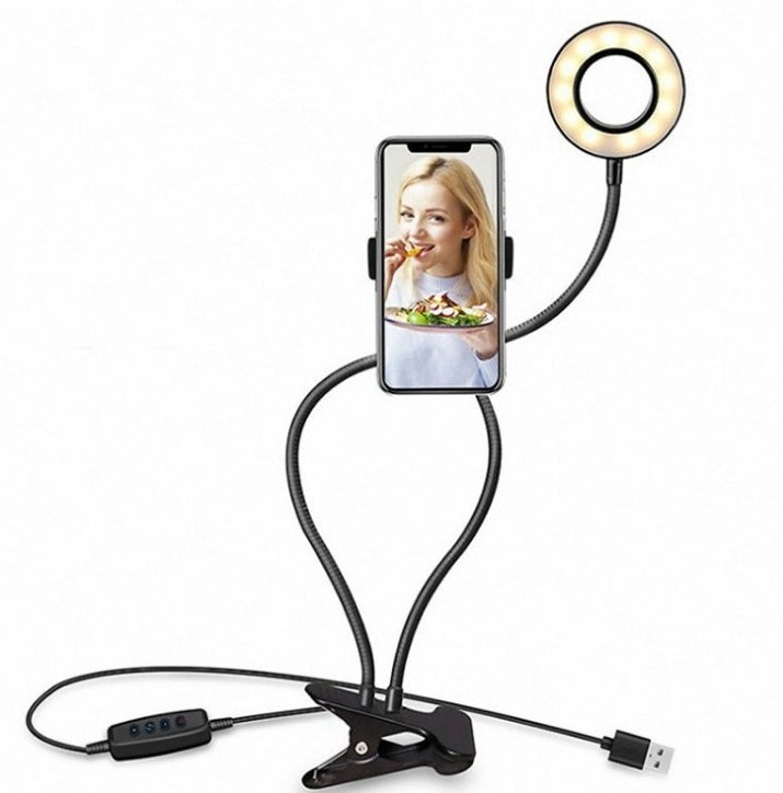 Clamp-On LED Ring Light with Phone Holder – 3 Light Modes & 360° Adjustment