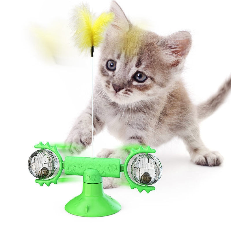 Rotating Windmill Cat Toy with Suction Cup – LED Ball & Catnip for IQ Play