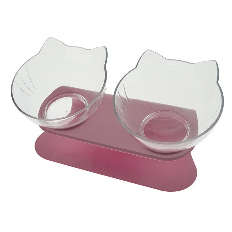 Cat Head Transparent Double Bowl – 15° Tilted Ergonomic Feeder for Cats & Small Dogs