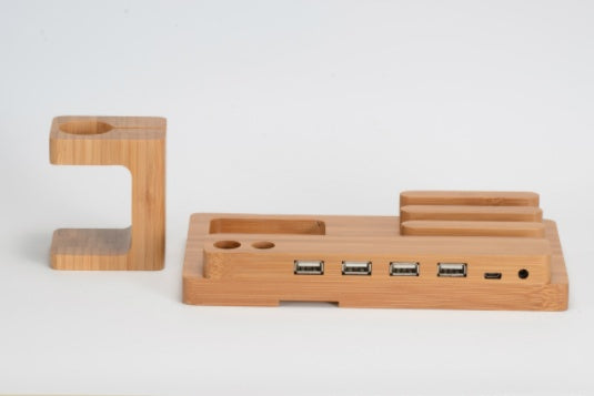Bamboo Charging Dock – 4-Port USB Stand for Phone, Tablet & Apple Watch