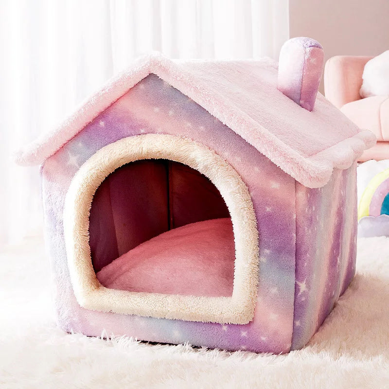 Cozy Coral Fleece Pet Bed House – All-Season Retreat for Cats & Small Dogs