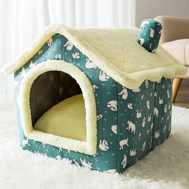 Cozy Coral Fleece Pet Bed House – All-Season Retreat for Cats & Small Dogs