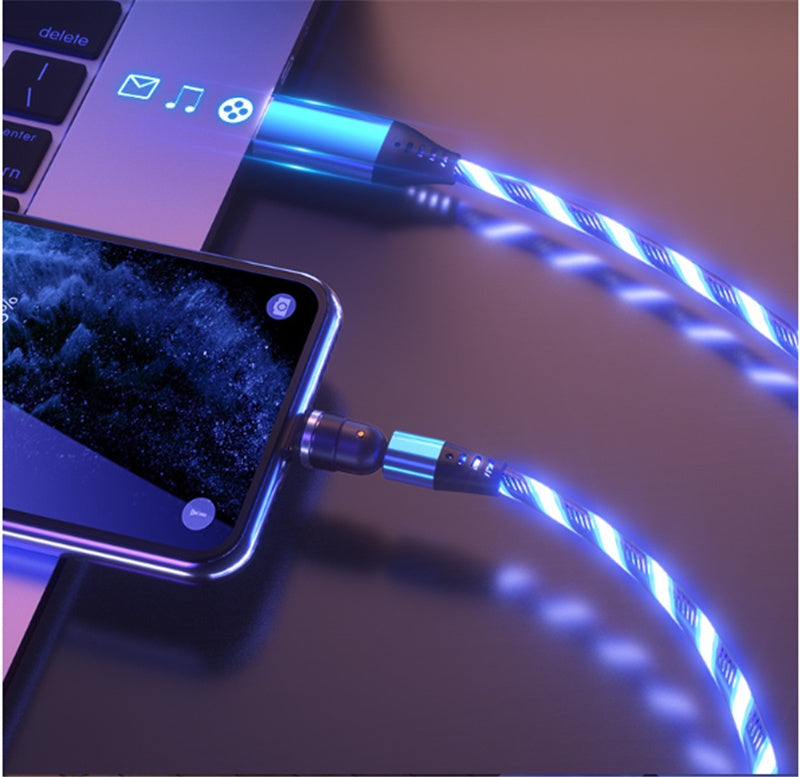 LED Magnetic Charging Cable – 540° Rotating 3-in-1 Fast Charger with Flowing Light