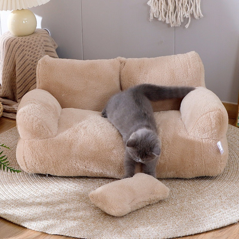 Plush Cat Sofa Bed with Pillow – Soft, Anti-Slip Lounger for Cats