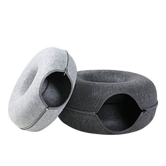 2-in-1 Felt Cat Tunnel Bed – Convertible Nest for Play & Rest – grooming kit