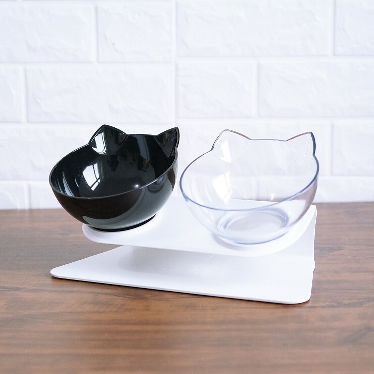 Cat Head Transparent Double Bowl – 15° Tilted Ergonomic Feeder for Cats & Small Dogs