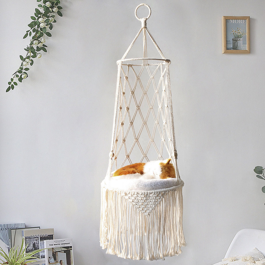 Macrame Hanging Cat Hammock – Handwoven Boho Swing for Stylish Cats