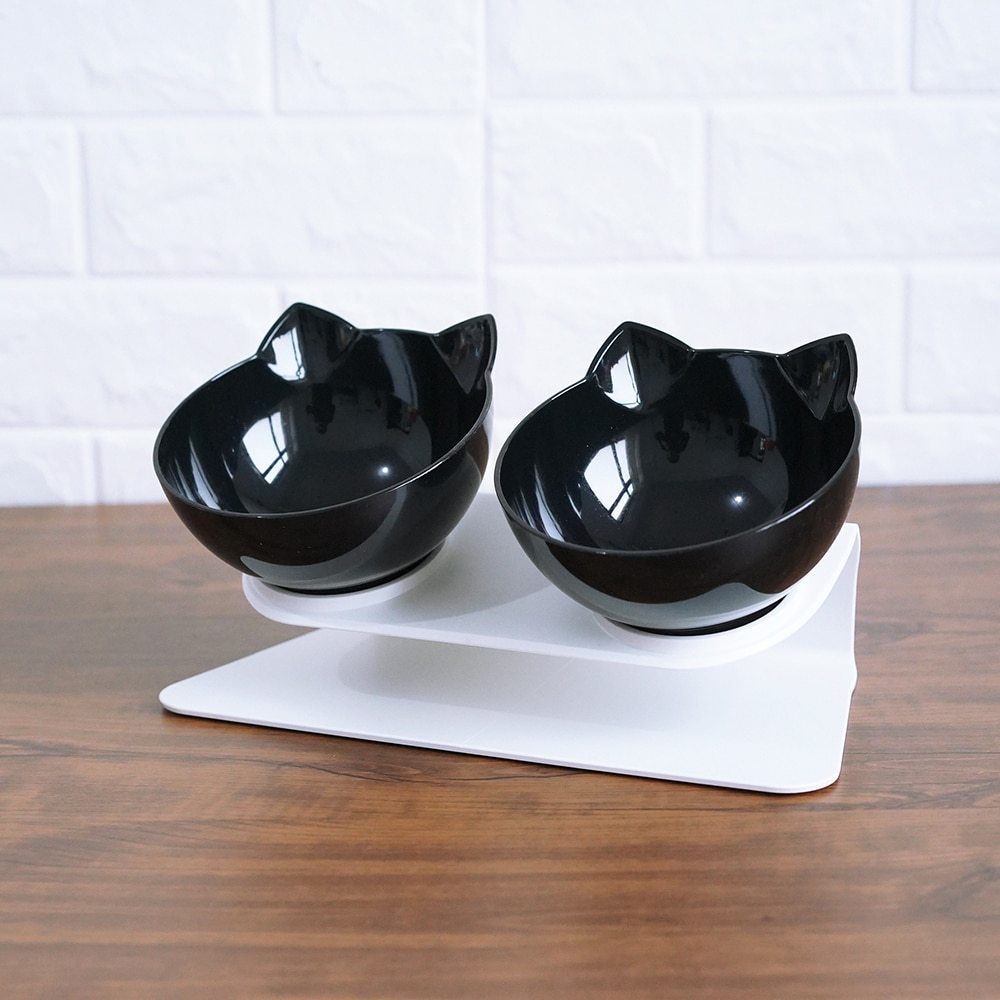 Cat Head Transparent Double Bowl – 15° Tilted Ergonomic Feeder for Cats & Small Dogs