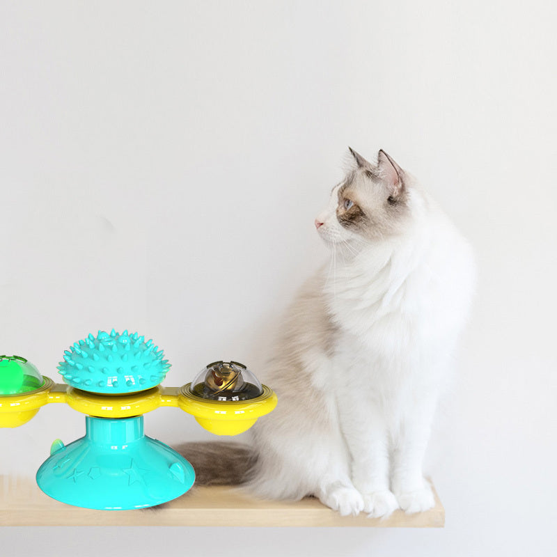 Rotating Windmill Cat Toy with Suction Cup – LED Ball & Catnip for IQ Play