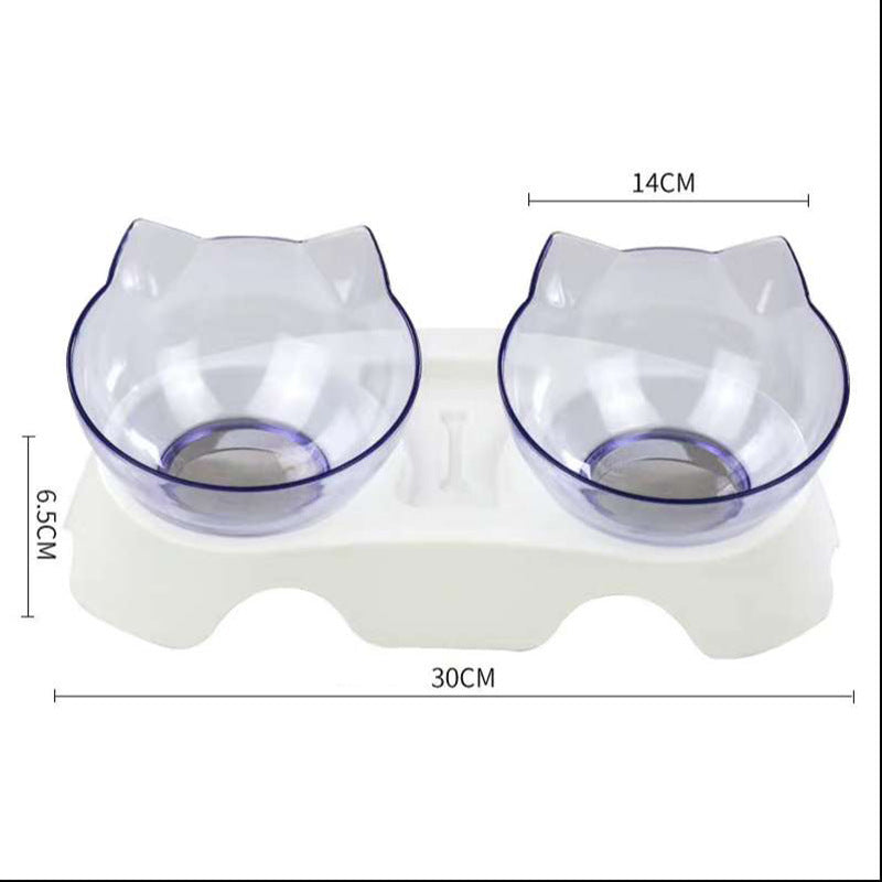 Cat Head Transparent Double Bowl – 15° Tilted Ergonomic Feeder for Cats & Small Dogs