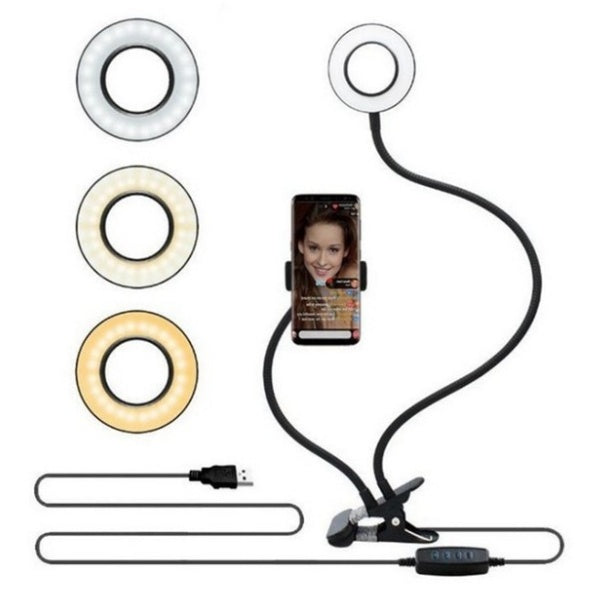 Clamp-On LED Ring Light with Phone Holder – 3 Light Modes & 360° Adjustment – tech-gadget