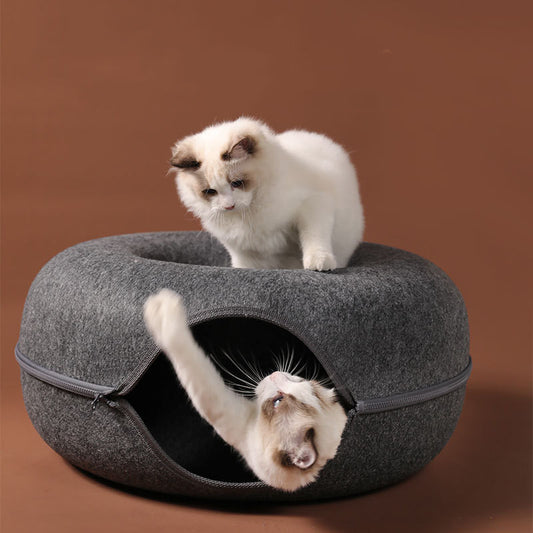 2-in-1 Felt Cat Tunnel Bed – Convertible Nest for Play & Rest – grooming kit