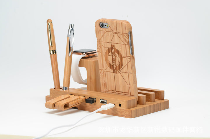 Bamboo Charging Dock – 4-Port USB Stand for Phone, Tablet & Apple Watch – power-bank