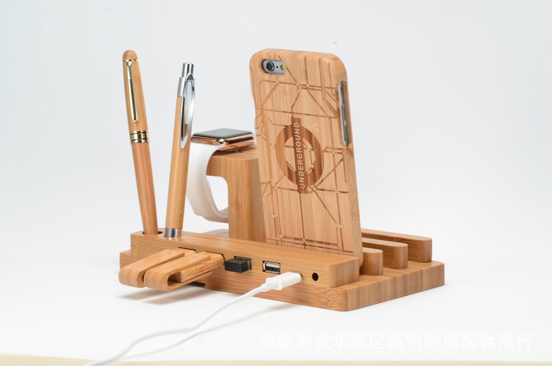 Bamboo Charging Dock – 4-Port USB Stand for Phone, Tablet & Apple Watch