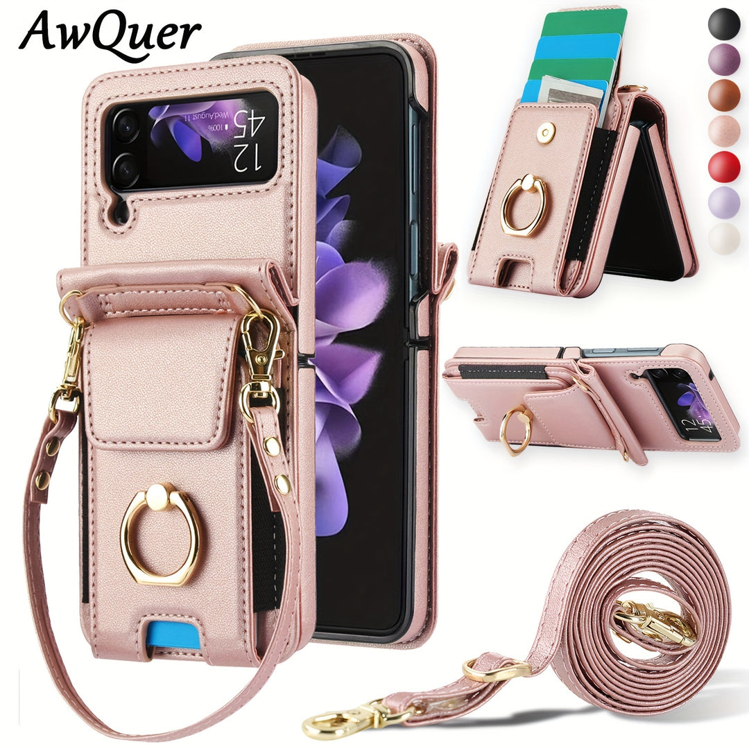 AWQUER Wallet Case for Galaxy Z Flip – Lanyard, Stand & Card Holder