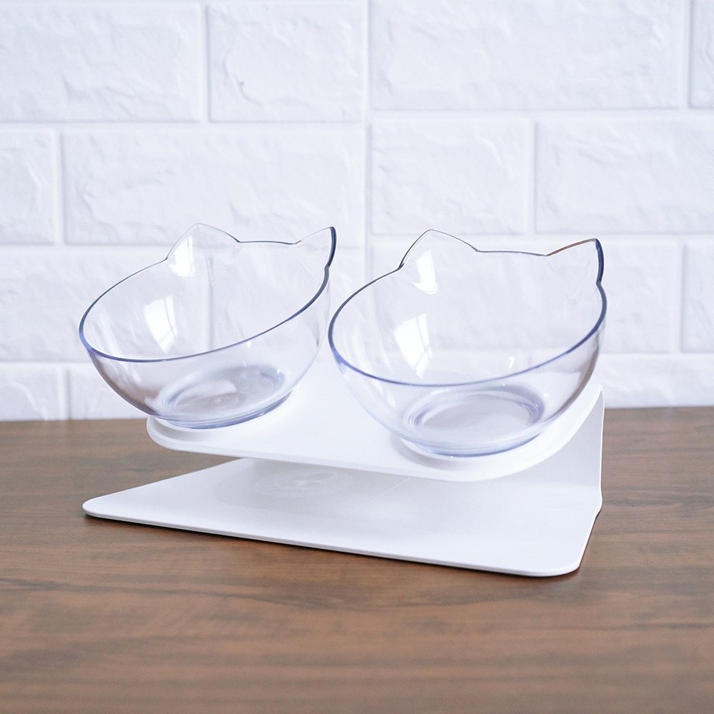 Cat Head Transparent Double Bowl – 15° Tilted Ergonomic Feeder for Cats & Small Dogs