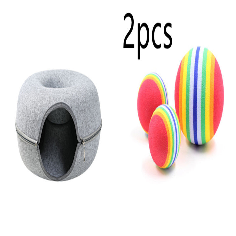 2-in-1 Felt Cat Tunnel Bed – Convertible Nest for Play & Rest – grooming kit