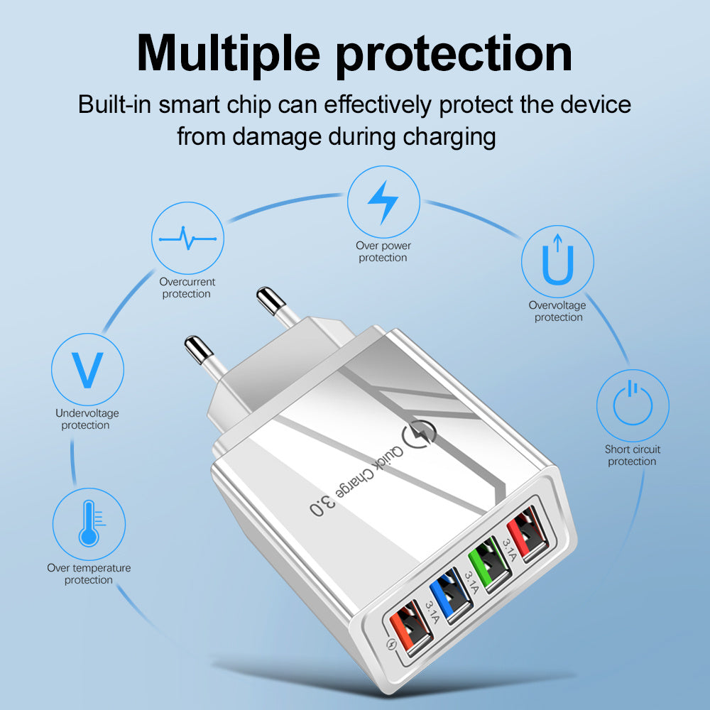 4-Port USB Wall Charger with Quick Charge 3.0 – EU/US Plug | Fast Multi-Device Charging – power-bank