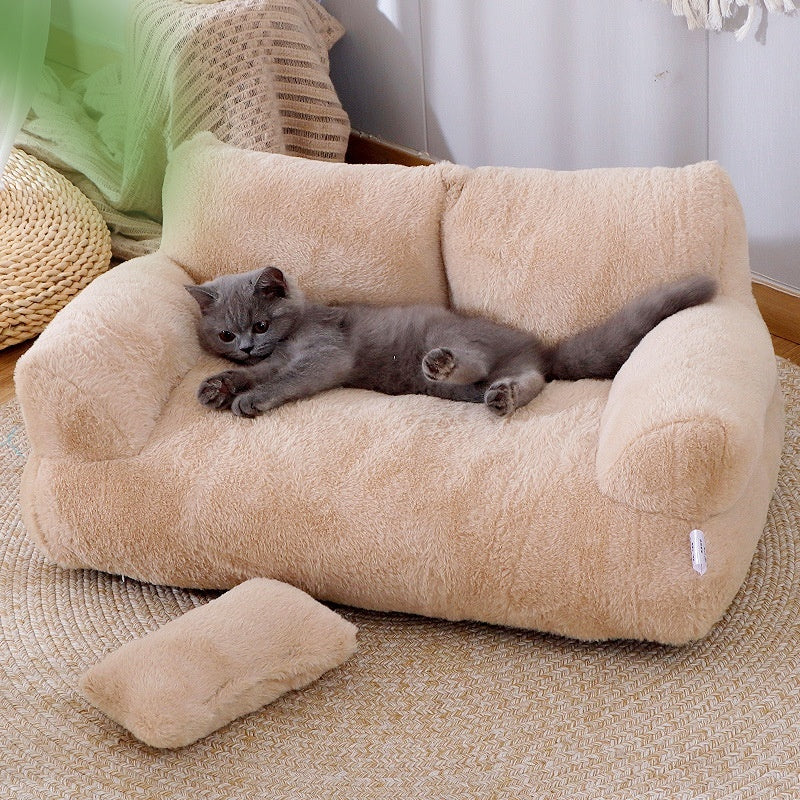 Plush Cat Sofa Bed with Pillow – Soft, Anti-Slip Lounger for Cats
