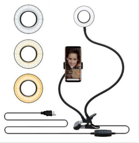Clamp-On LED Ring Light with Phone Holder – 360° Adjustable Lighting for Video Calls & Content Creation