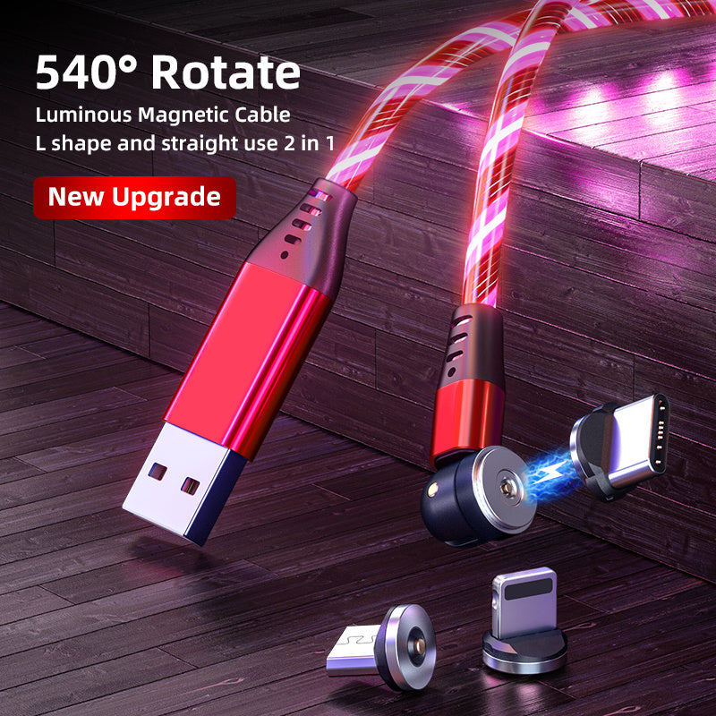 LED Magnetic Charging Cable – 540° Rotating 3-in-1 Fast Charger with Flowing Light
