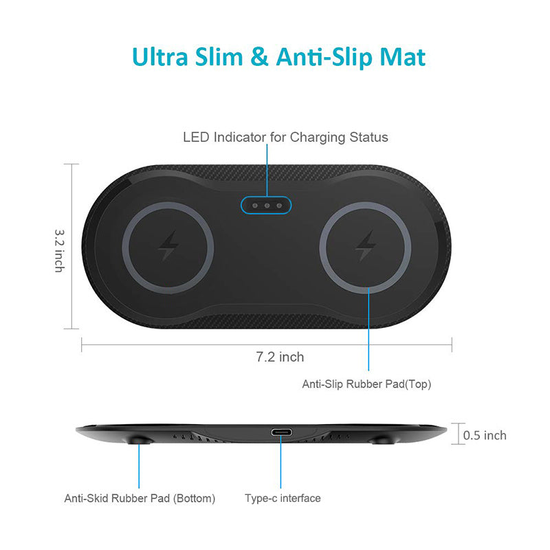 Dual Wireless Charger – 2-in-1 Qi-Certified Fast Charging Pad for iPhone & Android