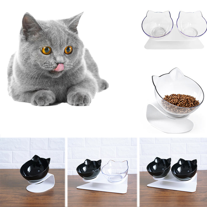 Cat Head Transparent Double Bowl – 15° Tilted Ergonomic Feeder for Cats & Small Dogs – grooming kit