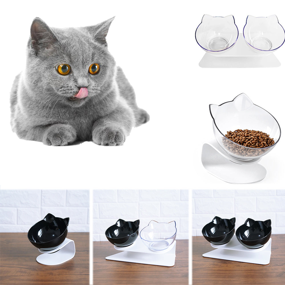 Cat Head Transparent Double Bowl – 15° Tilted Ergonomic Feeder for Cats & Small Dogs – grooming kit