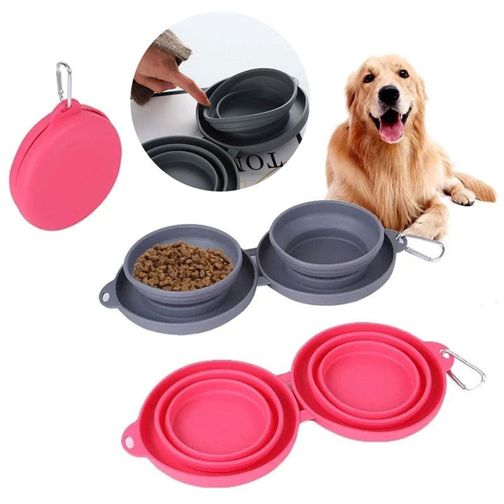Collapsible Double Dog Bowl – Travel-Ready Silicone Pet Feeder – grooming kit