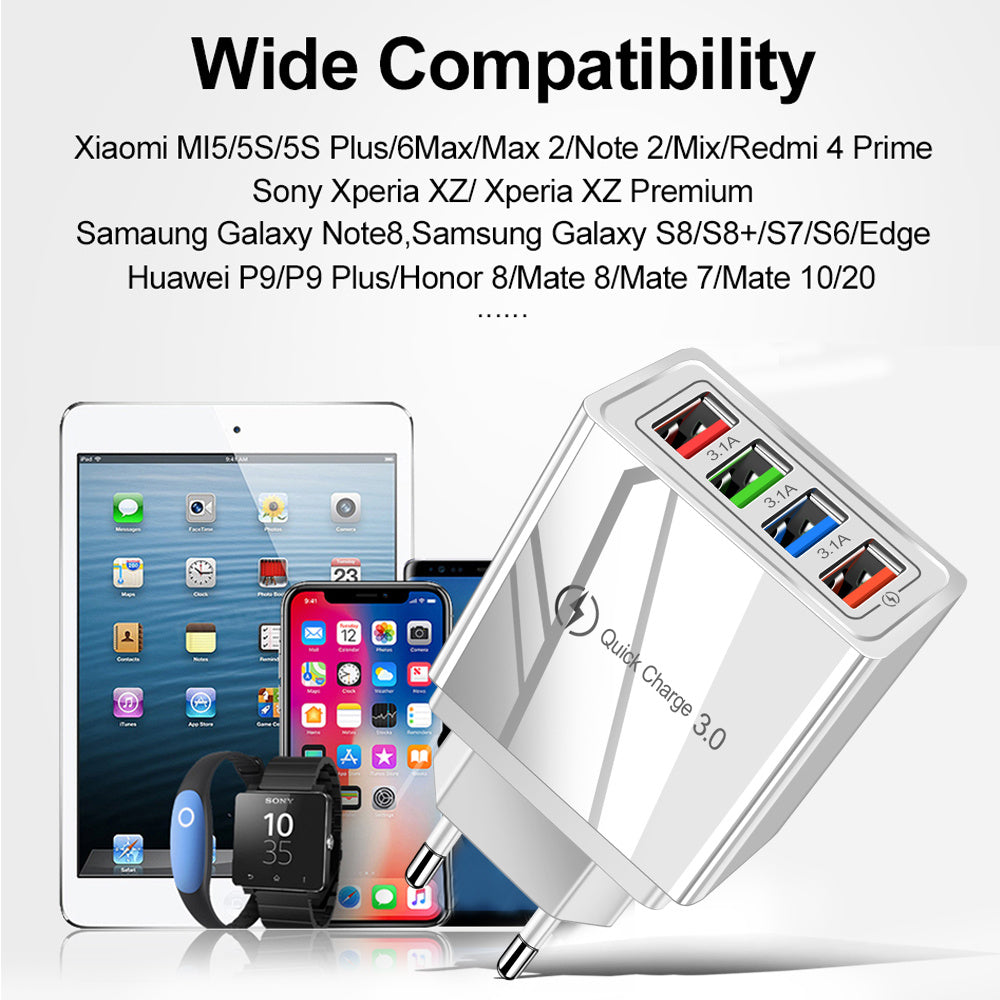 4-Port USB Wall Charger with Quick Charge 3.0 – EU/US Plug | Fast Multi-Device Charging – power-bank