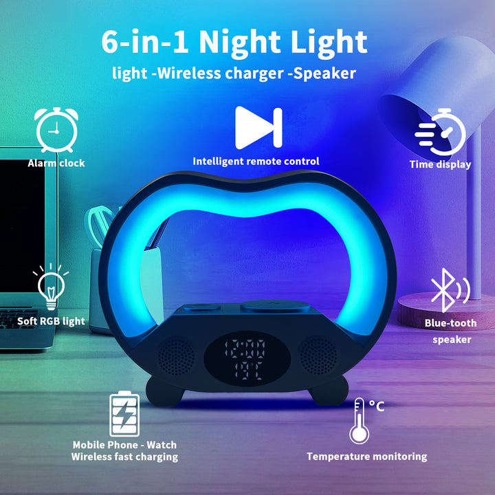 6-in-1 Smart LED Table Lamp – Wireless Charger, Bluetooth Speaker, Clock & More – power-bank