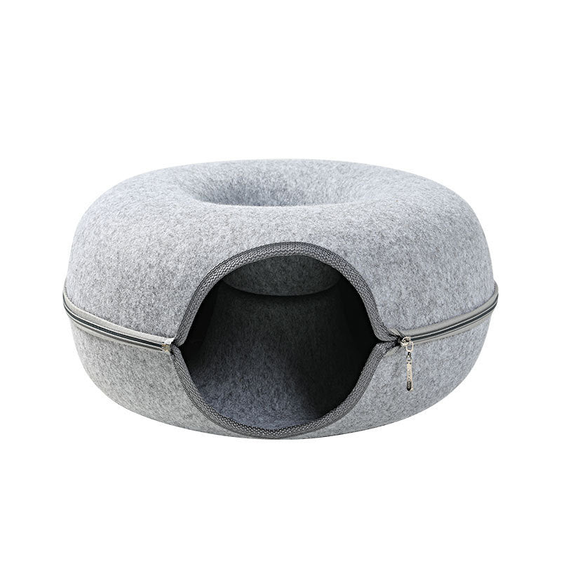 2-in-1 Felt Cat Tunnel Bed – Convertible Nest for Play & Rest – grooming kit