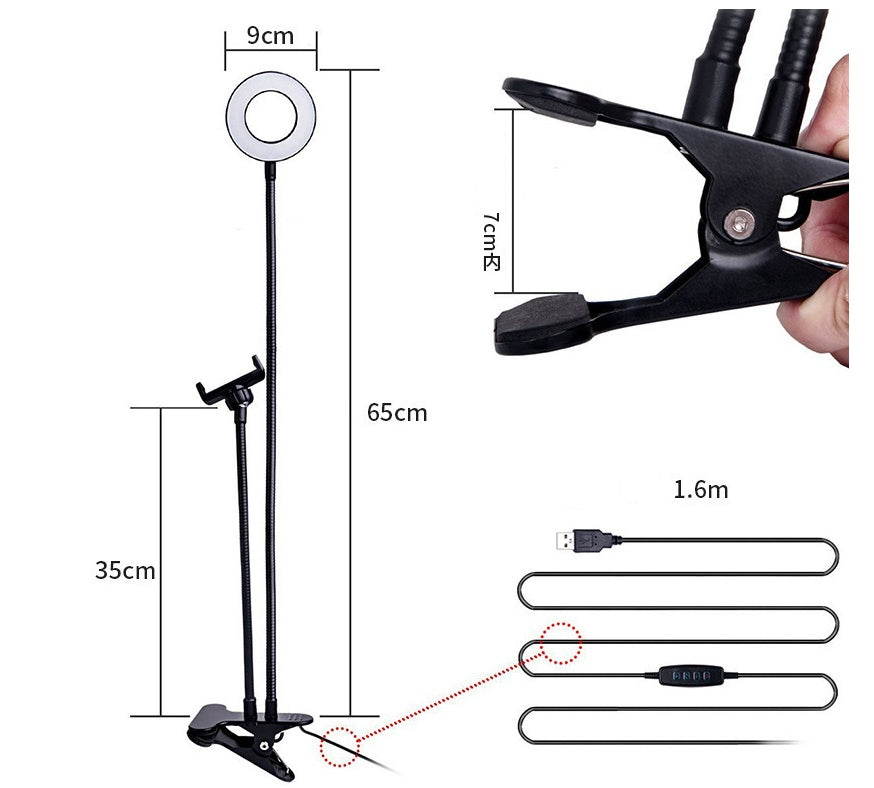 Clamp-On LED Ring Light with Phone Holder – 3 Light Modes & 360° Adjustment
