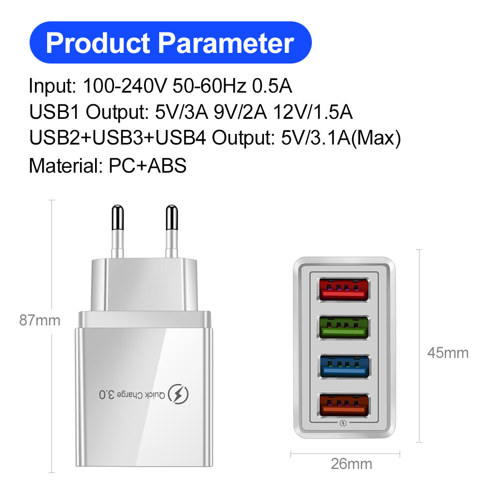 4-Port USB Wall Charger with Quick Charge 3.0 – EU/US Plug | Fast Multi-Device Charging – power-bank