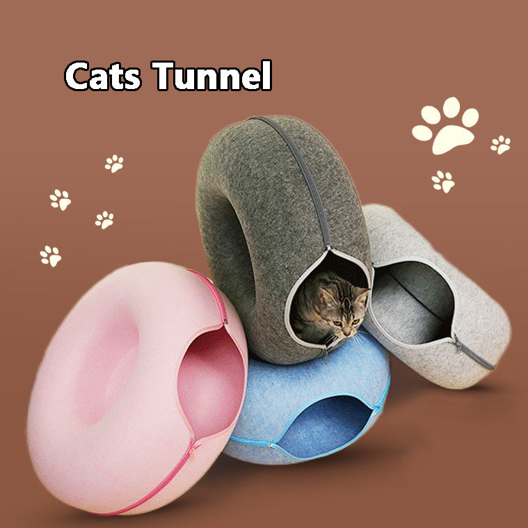 2-in-1 Felt Cat Tunnel Bed – Convertible Nest for Play & Rest – grooming kit