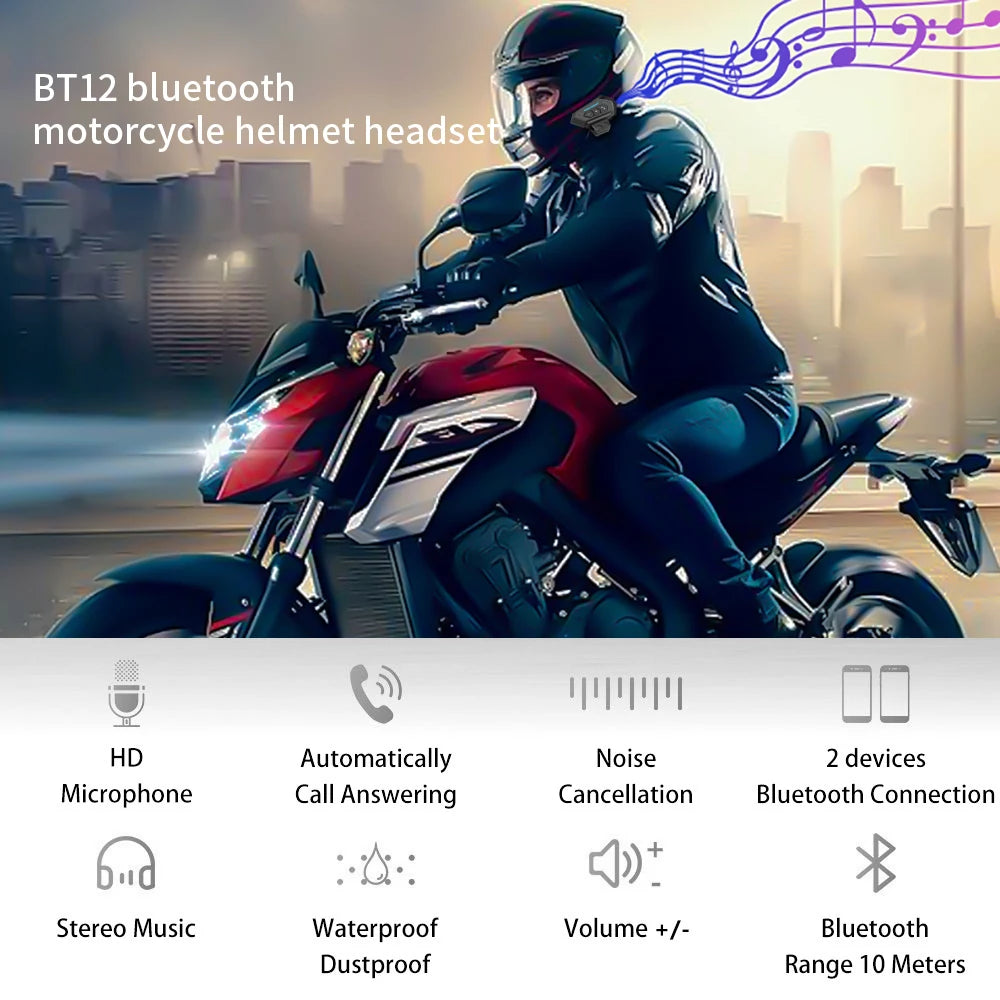 Kebidumei BT12 Motorcycle Helmet Headset – Bluetooth 5.0, Noise Reduction