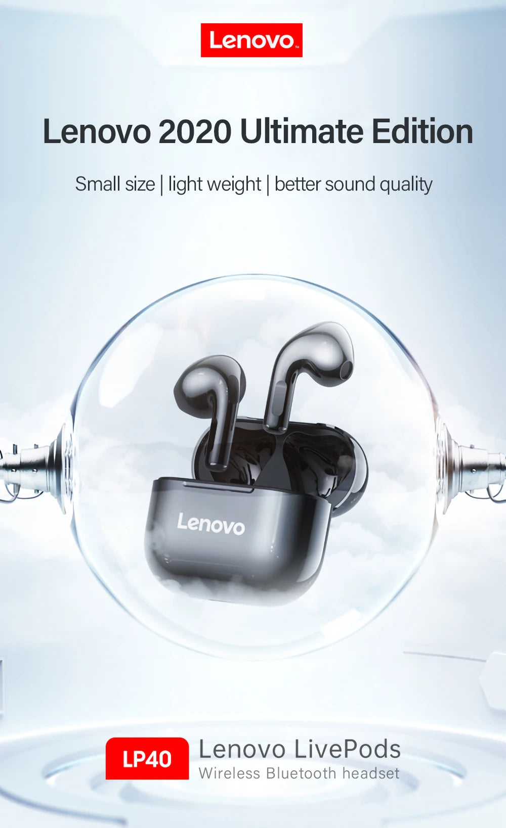 Lenovo LP40 Wireless Earbuds – Bluetooth 5.0 HiFi Sound + Waterproof Charging Case
