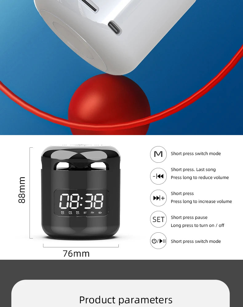 Lefon JM01 Bluetooth Speaker with Alarm Clock, Night Light & FM Radio – 5W 360° Mini Sound