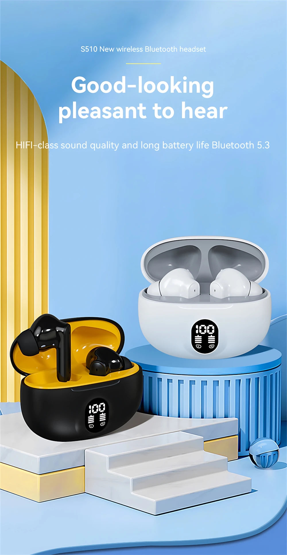 S510 Bluetooth 5.3 Earbuds – ANC, 32H Battery, Touch Control