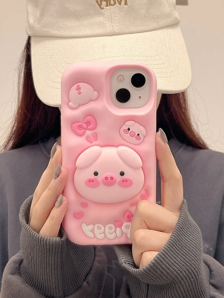 3D Pig Silicone iPhone Case with Kickstand – Cute & Shockproof (11–15 Series) – phone-case