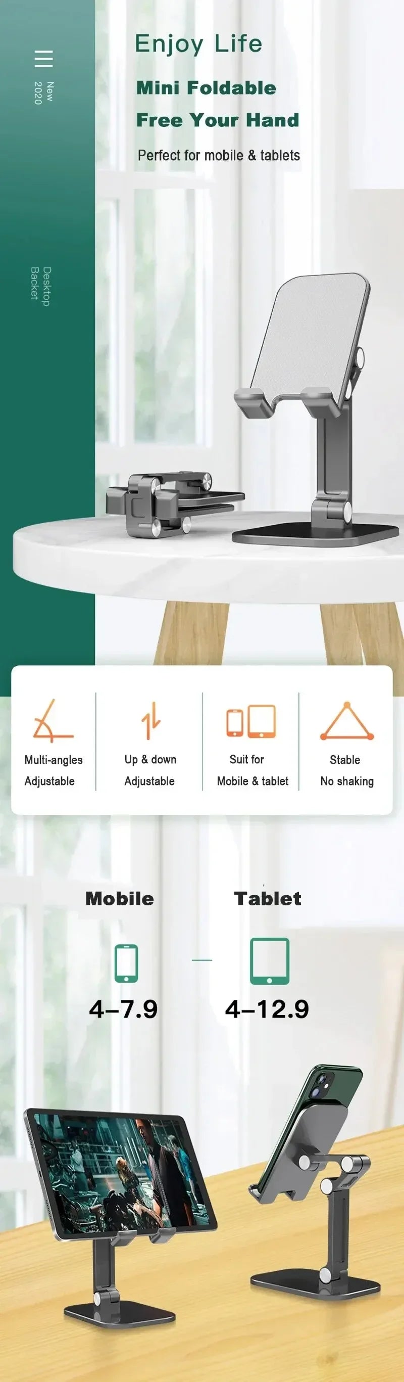 VIKEFON 3-Section Foldable Phone Stand – Adjustable Desk Holder for Smartphones & Tablets