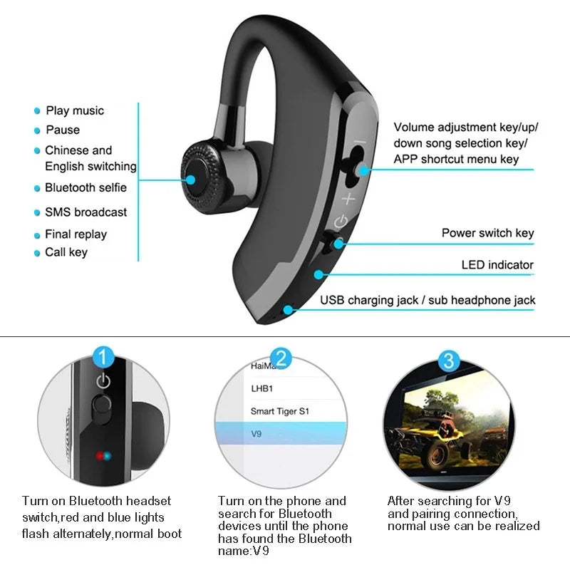 Fomscvka V9 Wireless Ear Hook Headset – HiFi Hands-Free