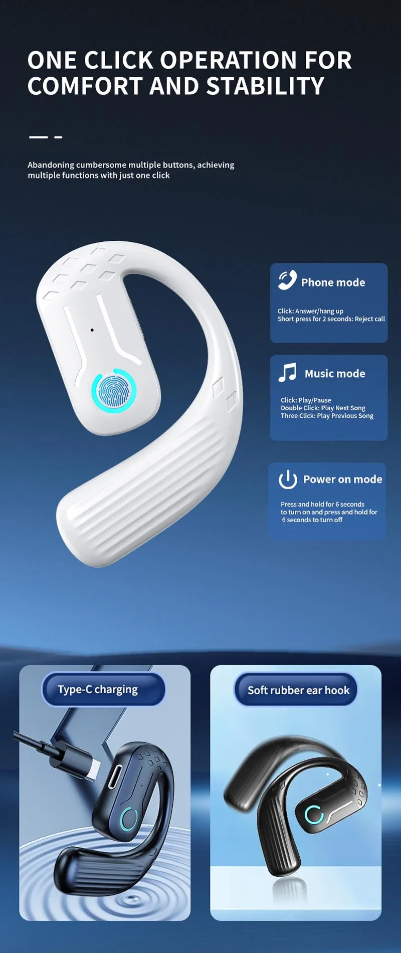 Ruiforlove Bluetooth 5.4 Ear Hook Headset – Noise Cancelling & HiFi