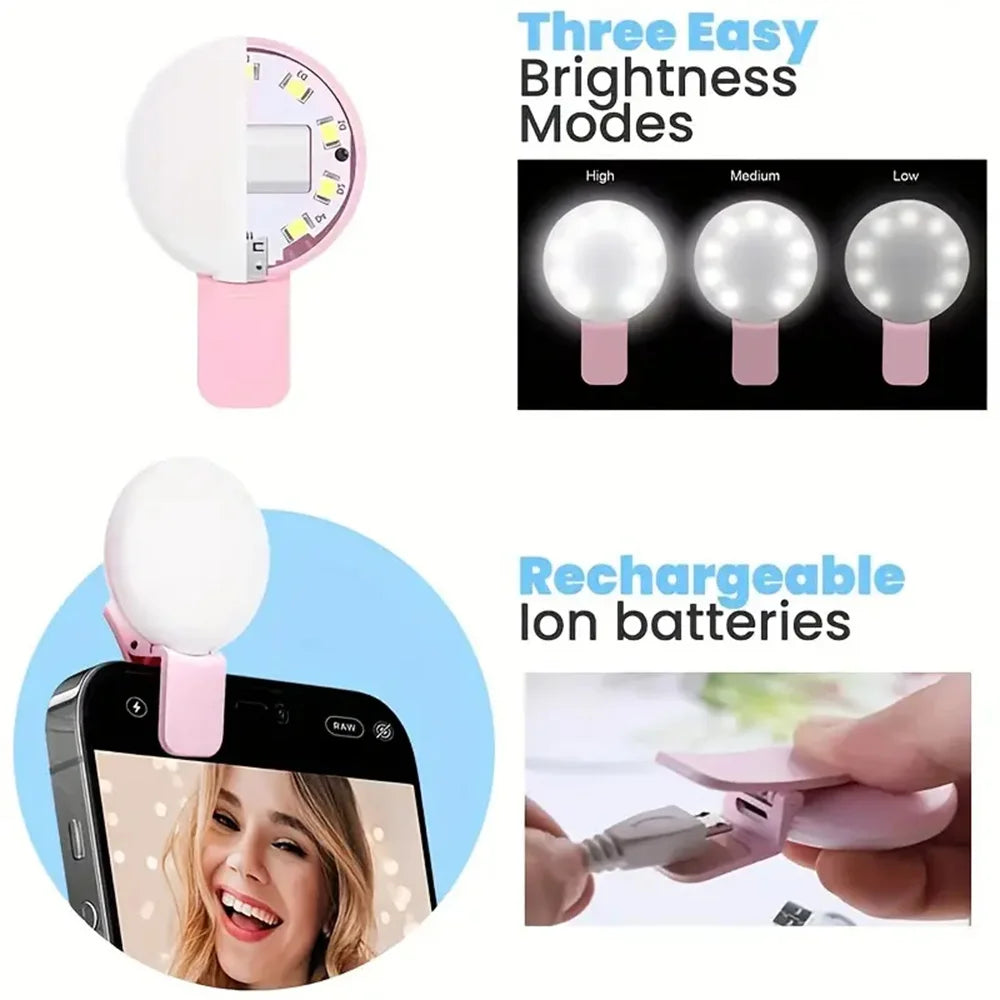 Portable LED Selfie Ring Light – USB Rechargeable Clip-On for iPhone & Android