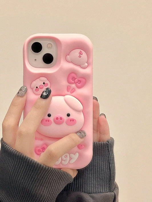 3D Pig Silicone iPhone Case with Kickstand – Cute & Shockproof (11–15 Series) – phone-case